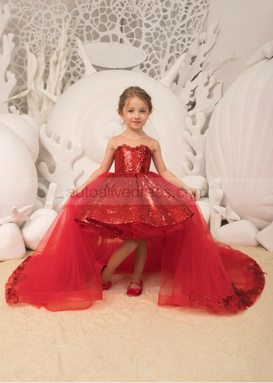 Red Sequin Tulle Knee Length Flower Girl Dress With Removable Train